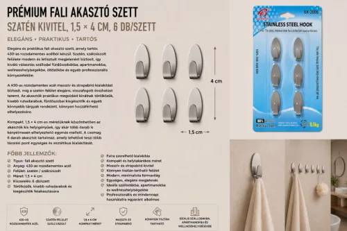 Premium-Wandhaken-Set – Edelstahl 430, satiniert, 1,5 × 4 cm, 6 Stk./Set