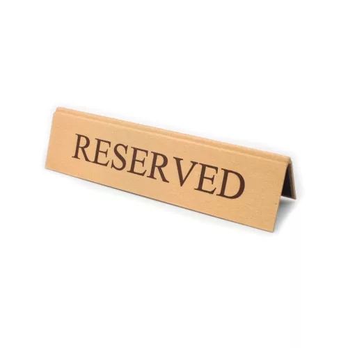 Tischschild RESERVED, goldenes Kunstleder, brauner Druck, groß