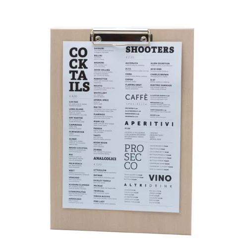 Csipeszes étlaptartó, bézs színű textilbőrrel bevonva, A4