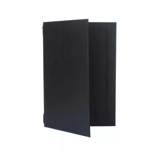 Fekete bőrhatású gumis étlaptartó, A4 méretű, logónyomással
