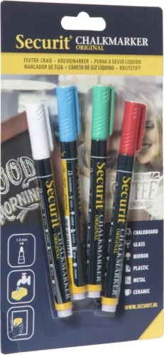 Securit krétamarker, 4 DB-OS csomag, fehér, kék, zöld, piros