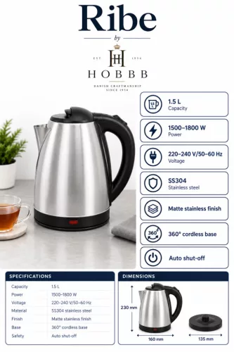 HOBBB Ribe Wasserkocher, 1,5 l