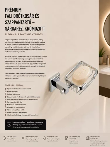 Premium-Wanddrahtkorb mit Seifenschale – Messing, verchromt