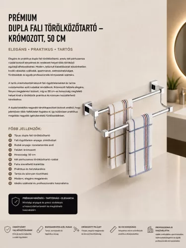 Premium-Doppel-Handtuchhalter zur Wandmontage – verchromt, 50 cm