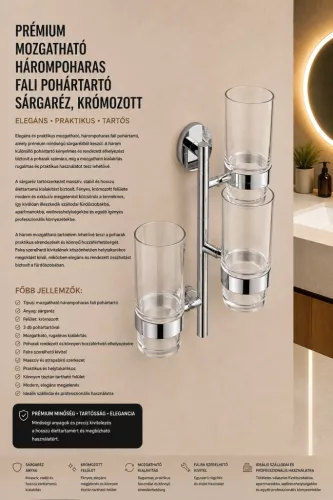 Premium-Wandglashalter für 3 Gläser, schwenkbar – Messing, verchromt