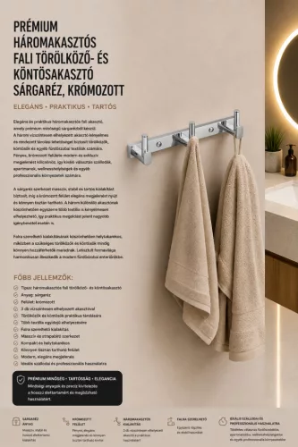 Premium-Wandhakenleiste mit 3 Haken für Handtuch und Bademantel – Messing, verchromt