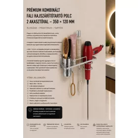   Premium-Wandablage mit Föhnhalter und 2 Haken – 350 × 120 mm