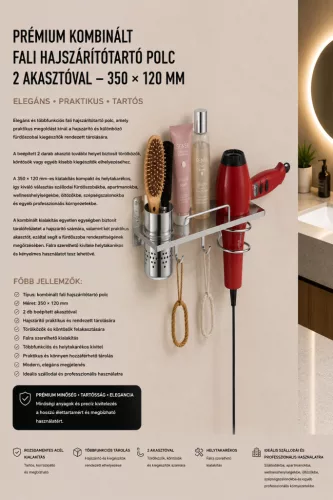 Premium-Wandablage mit Föhnhalter und 2 Haken – 350 × 120 mm