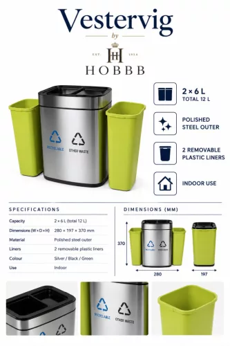 HOBBB Vestervig Gästezimmer-Mülleimer mit Mülltrennung, 12 l