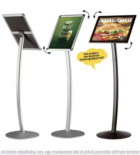 A4-Infoständer schwarz, gebogen, mit einem Rahmen, der mit einer Bewegung in die vertikale und horizontale Position gebracht werden kann