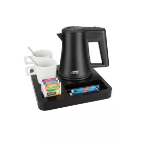   Slim tálca 0,5L-es fekete vízforralóval és 2 fehér csészével